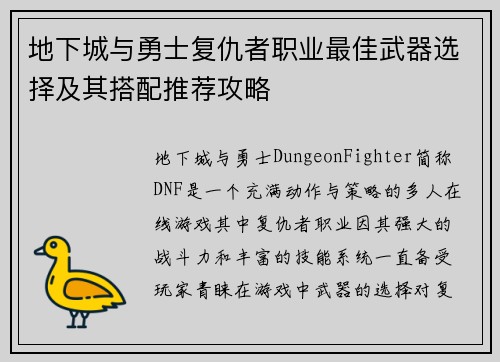 地下城与勇士复仇者职业最佳武器选择及其搭配推荐攻略
